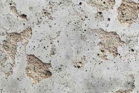 weathered concrete wall with peeling plaster revealing rough beige aggregate and pitted, stained surface conveying aged, gritty decay