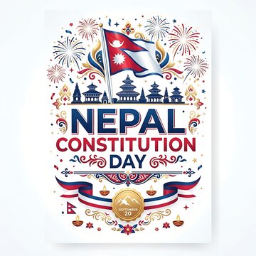 Nepal constitution day celebration poster with national flag, traditional architecture, fireworks, and decorative elements isolated on white background