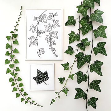A serene and minimalist interior design showcases botanical illustrations alongside trailing ivy creating a calming atmosphere with natural elements and artistic expression evoking tranquility