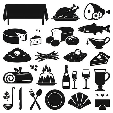 Black holiday feast icons, Christmas dinner silhouettes, festive banquet elements, food and drink symbols Halloween