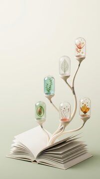 Open book with branches displaying plants in glass containers symbolizing growth