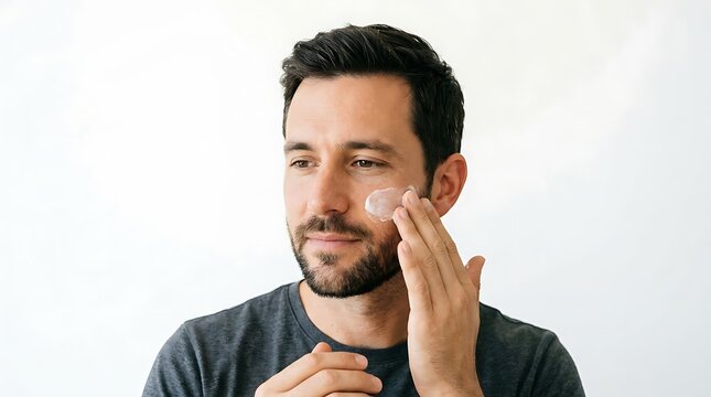 Handsome young man with a beard applying moisturizing cream or lotion to his face for daily skin care routine to maintain a healthy and glowing look in his morning