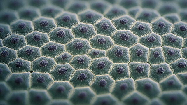 Macro close-up of a cactus surface showing hexagonal tubercles, spines, and dark areoles in sharp detail