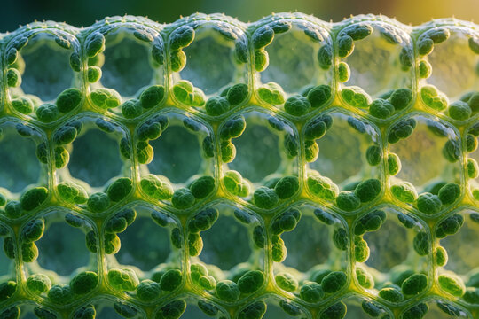Macro abstract green cellular structure with honeycomb pattern and glowing light