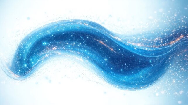 luminous blue wave of light and glittering particles sweeping across a soft white background, evoking motion, serenity, and cosmic wonder