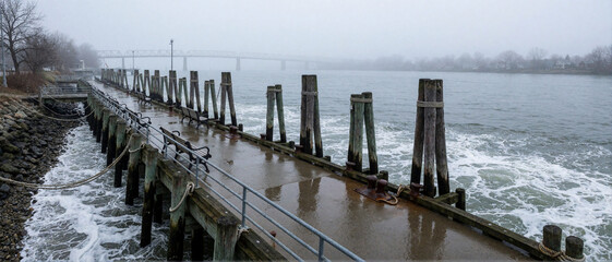 Fototapeta premium Foggy winter pier with wooden pilings and benches, waves crashing against the shore, bridge in the background