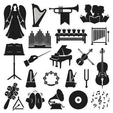 Classical Music Instrument Icons and Symbols. Choir angel silhouette, harp, cello, piano, pipe organ. Orchestral set. Black vector pictograms on white background for media design. Halloween