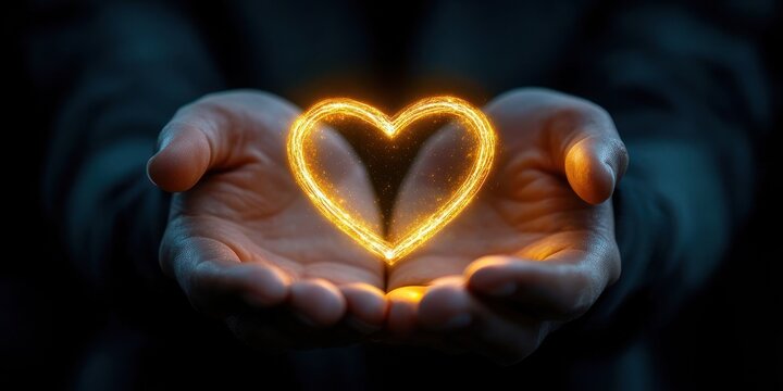 two cupped hands holding a glowing golden heart of light with sparks, warm tender and protective emotion