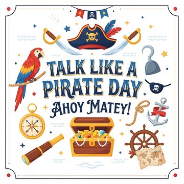 Talk like a pirate day illustration with treasure chest, parrot, pirate hat, and nautical elements