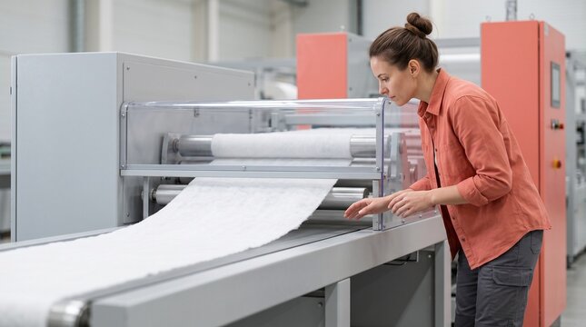 Technician monitors a compostable fiber hygiene production line