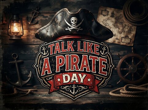 Talk like a pirate day vintage sign with pirate hat, anchor, and nautical elements on a rustic wooden background