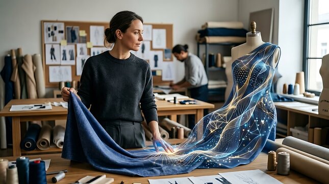 A professional fashion designer working on a creative clothing project with a mannequin in a bright modern sewing studio filled with fabric rolls and design sketches