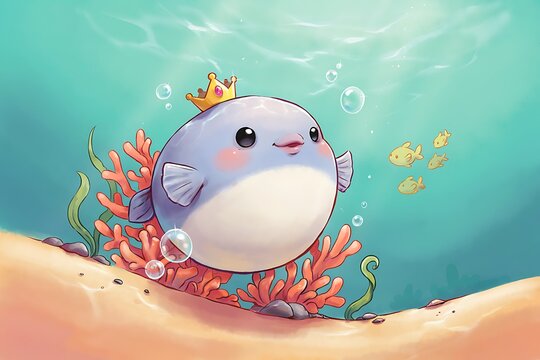 Cute Little Blue Pufferfish Wearing a Golden Crown Underwater Illustration