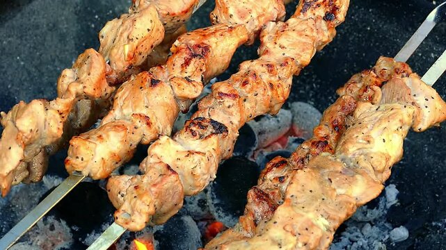 Close-up shot of juicy pork shish kebab skewers grilling over hot charcoal briquettes with glowing embers and small flames. Perfect for summer barbecue, outdoor cooking, food background, and picnic co