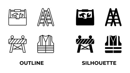 Fototapeta premium Construction Icons Set: A collection of line art and silhouette icons representing construction tools, safety gear, and road barriers, symbolizing industry and labor.