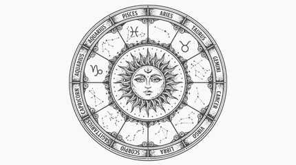 Naklejka premium Detailed astrological zodiac wheel tattoo design with sun and starburst elements tattoo