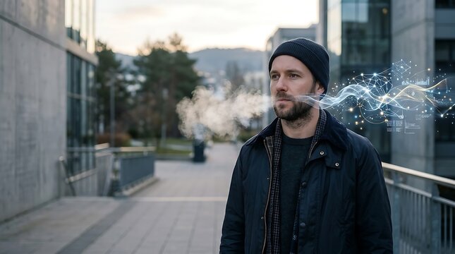 Young man wearing a black beanie and jacket exhaling a cloud of smoke while standing on a city street during a cold day with digital tech graphic elements overlay