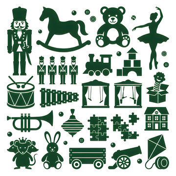 Vintage Pattern with Nutcracker, Teddy Bear, and Balloon Animals on White Background. Green Silhouettes Icons. Retro Playful Style. Christmas and New Year Decoration. Logo Concept. Halloween