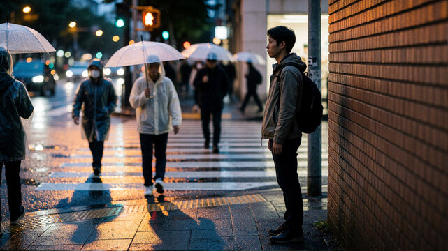 Man waiting on rainy city street at night with pedestrians crossing