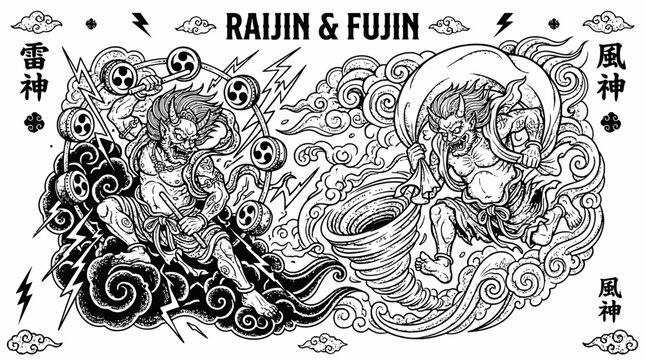 Detailed japanese tattoo design featuring raijin and fujin, thunder and wind gods tatoo