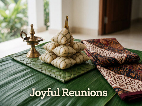Joyful Reunions, Traditional Malay ketupat rice cakes on banana leaf, brass diya lamp, batik fabric, Hari Raya celebration, festive food, cultural holiday