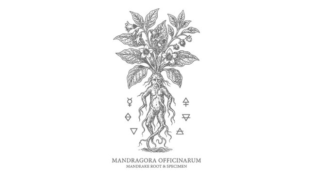 Detailed mandrake root illustration with botanical labels. vintage style tatoo design for herbalism