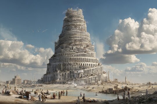     The Tower of Babel Rising Toward the Heavens, Thousands of Workers Building a Massive Mesopotamian Monument as Languages Begin to Divide