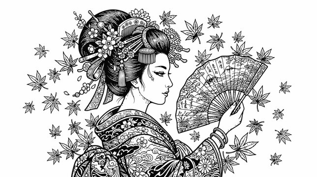 Elegant geisha holding fan vector art with intricate floral and leaf details tattoo