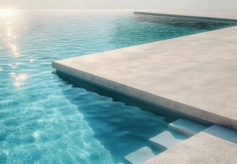 Fototapeta premium Minimalist concrete pool edge with submerged steps and sparkling turquoise water under soft sun, calm serene modern luxury
