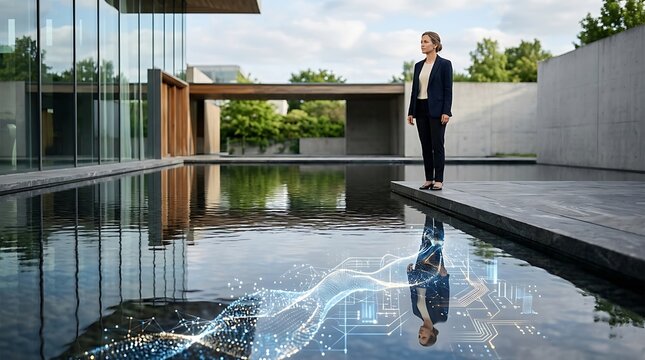 Professional woman in a suit standing on the edge of a modern building terrace with a calm reflection pool and minimalist architecture during a bright peaceful day