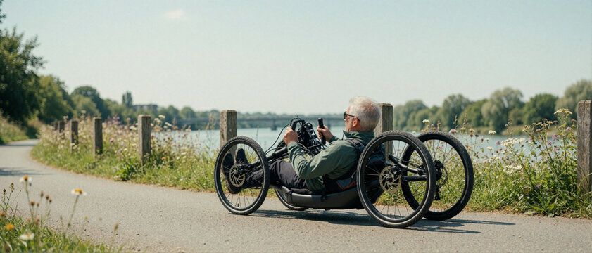 Active Senior Man Riding a Recumbent Tricycle on a Scenic Riverside Path