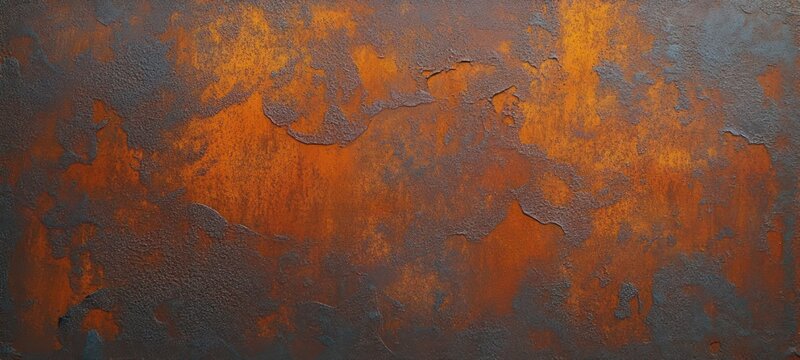 weathered rusted metal wall with peeling paint and warm orange patina, gritty industrial texture conveying aged moody atmosphere