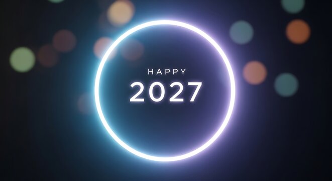 Happy 2027 neon glowing circle frame with bokeh lights background