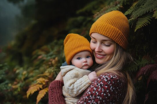 parent holding baby in matching yellow knit hats in a cozy autumn woodland, tender protective embrace among ferns and colorful leaves