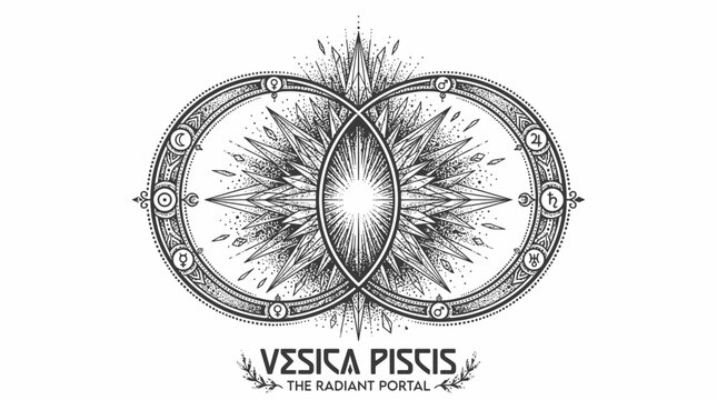 Vesica piscis vector graphic, a radiant portal design with intricate details and symbolic elements tatoo