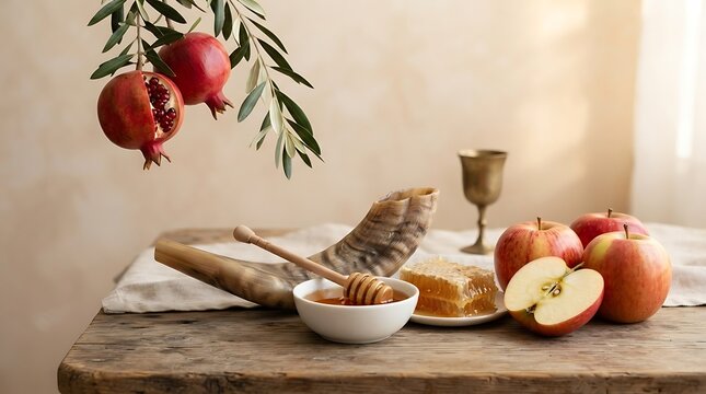 Rosh hashanah table setting with shofar, apples, honey, and pomegranates on a rustic wooden table, traditional jewish new year celebration concept