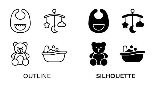 Baby Essentials Icons: A collection of simple line and silhouette icons representing baby care items like a bib, mobile, teddy bear, and bathtub, perfect for design projects.