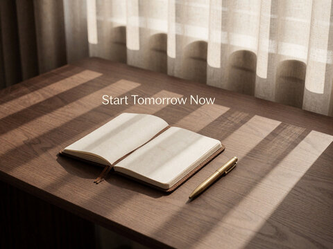 Start Tomorrow Now - Open notebook and gold pen on wooden desk with sunlight shadows