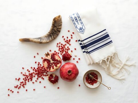 Rosh hashanah holiday symbols with a shofar, pomegranates, honey, and a tallit isolated on white background