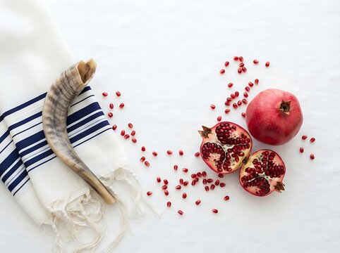 Rosh hashanah holiday symbols with shofar, pomegranates and tallit isolated on white background