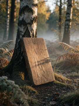 Blank wooden board leaning against a birch tree in a misty autumn forest