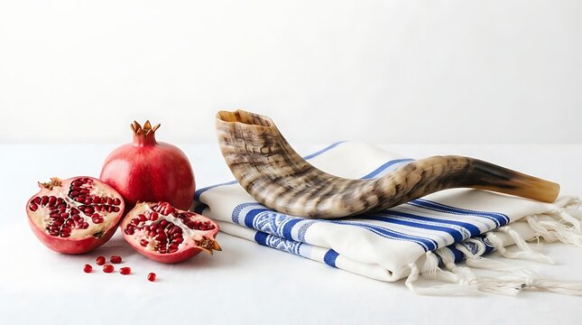 A shofar horn and pomegranates on a tallit prayer shawl, traditional symbols for rosh hashanah, the jewish new year, isolated on white background