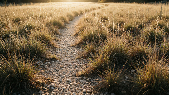 Sunlit Gravel Path Through Tall Grass at Sunset
