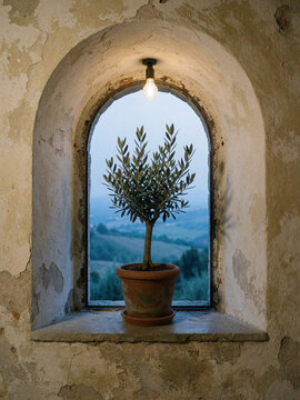 Olive tree in terracotta pot on rustic arched window sill with landscape view