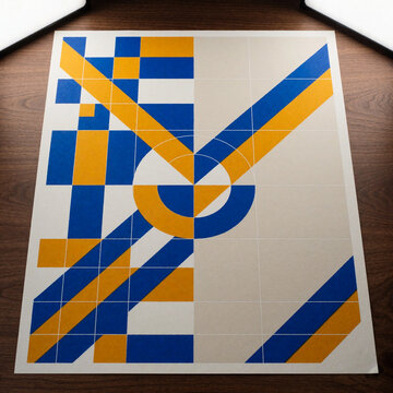 Abstract geometric pattern with blue and yellow shapes on a grid background