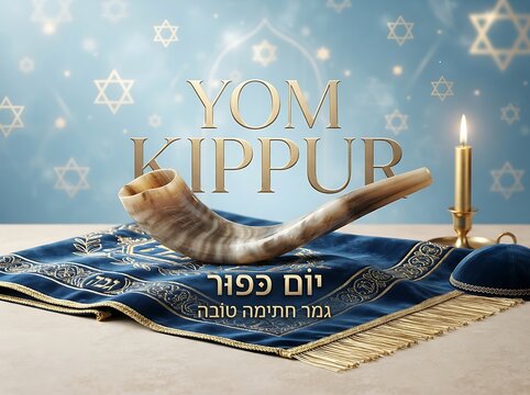 Yom kippur greeting card with a shofar, a blue velvet tallit, a kippah, and a lit candle against a background with glowing stars of david
