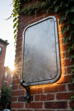 Blank metal signboard on brick wall with ivy and sunset