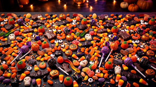 Vibrant Halloween candy assortment with chocolate ghosts candy corn and gummy worms on dark tabletop for festive trick or treat marketing