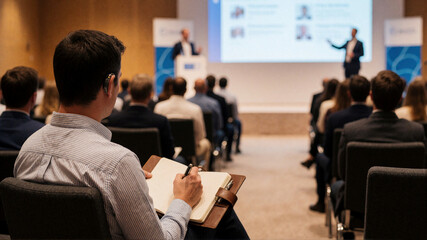 Fototapeta premium Man taking notes at a business conference while listening to a presentation