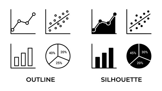 Data Visualization Icons: A set of diverse graphic icons illustrating data visualization, including line graphs, scatter plots, bar charts, and pie charts in both outline and silhouette styles.